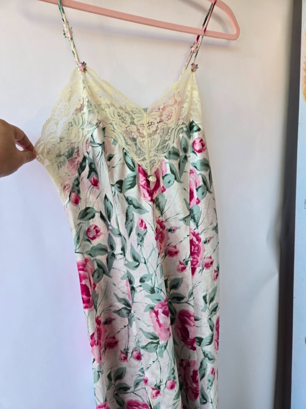 Vintage 90s Satin Rose Print Slip Dress Nightgown Maxi Fairycore Romantic Ballet - Picture 4 of 11